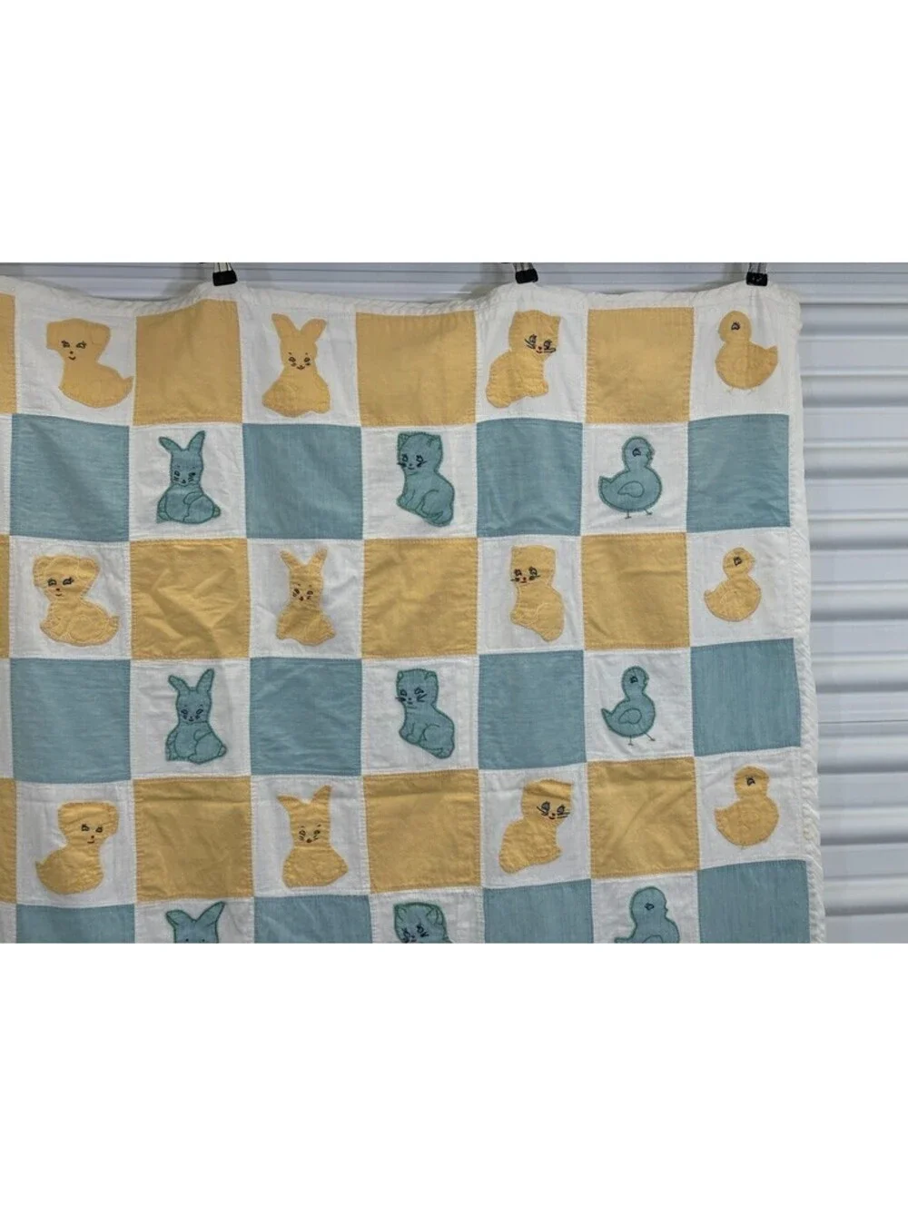 Vintage Nursery Quilt Checkerboard Animal Appliques Pastel Palette Aqua Blue Lar